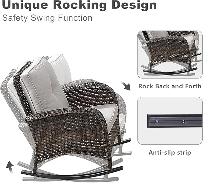 HUMMUH 5-Piece Outdoor Patio Furniture PE Wicker Patio Conversation Set,All-Weather Outdoor Rocking Chairs with Patio Couch Tables for Backyard,Poolside,Deck