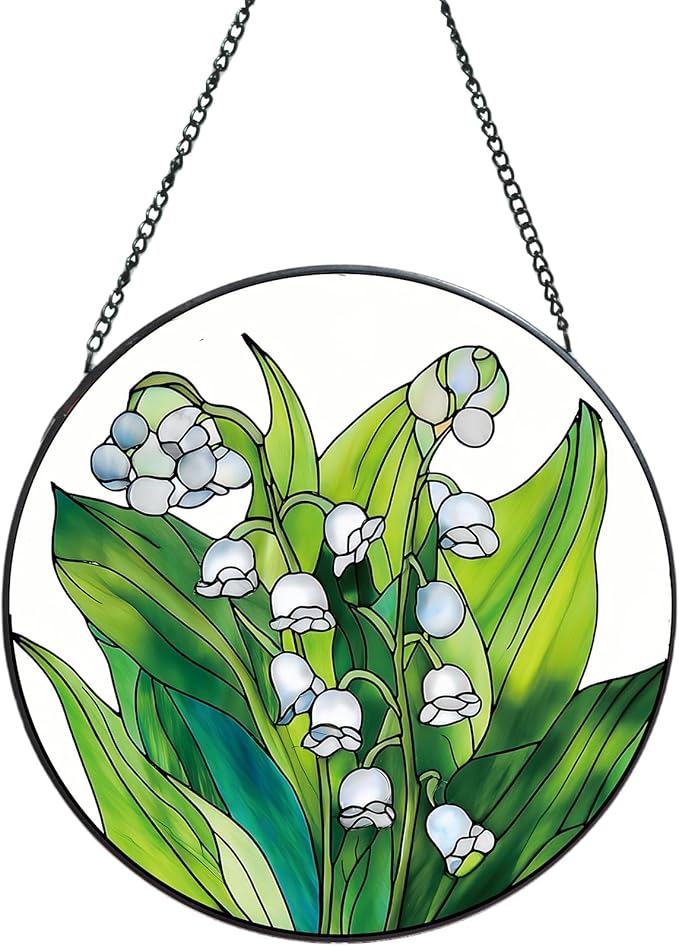 Suncatcher Stained Glass Window Hanging - Flowers Glass Panel with Metal Chain and Hooks Handmade Sun Catcher Decoration for Window Garden Home Christmas & Birthday Gifts (8 Inch)