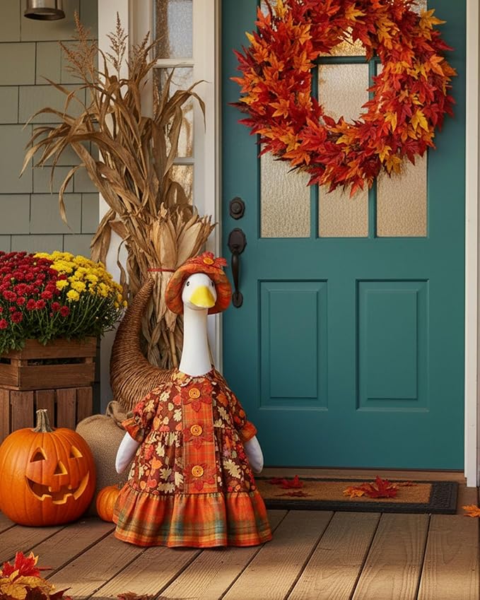 Fall Porch Goose Outfits with Maple Leaf Design, 2 Pcs/Set Lawn Cement Goose Clothes for Thanksgiving Day, 23" Patio Yard Garden Geese Decoration