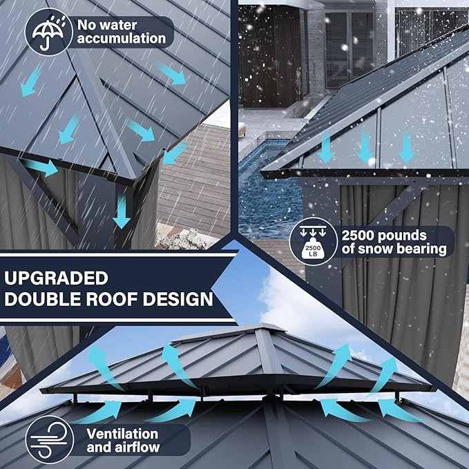 12' x 14' Hardtop Gazebo,Outdoor Galvanized Steel Metal Double Roof Gazebo with Curtains and Netting for Patios,Gardens,Lawns,Navy Blue