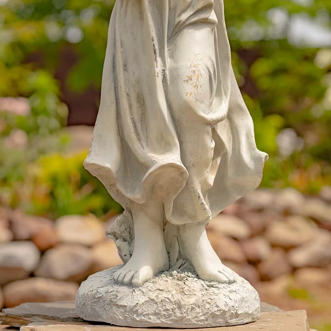Zaer Ltd. 39" Tall Magnesium Angel Statue Figurines for Outdoor and Indoor Use (Holding a Birdbath Jazmin, Antique White)