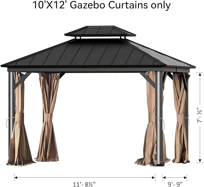 Gazebo Curtain Replacement Universal 4-Panel Sidewalls 10' x 12', Outdoor Gazebo Privacy Curtains with Zipper, Replacement for Outdoor, Patio Canopy, Garden and Backyard (Curtain Only)