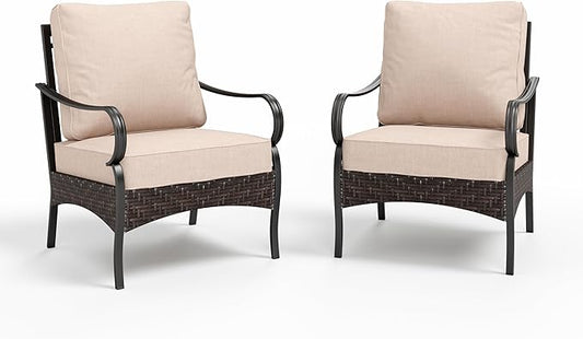 MFSTUDIO Outdoor Patio Furniture Set, Rattan Wicker Patio Sofa Chair, Metal Outdoor Conversation Set, 2 x Fixed Sofa Chair for Outside Garden Backyard
