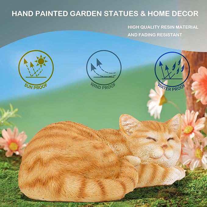 Elenon Cat Garden Statue Decorative for Yard, Orange Tabby Sleeping Cat Figurines Home Lawn Decor, Patio Kitten Tuxedo Statues Pets Memorial Ornament for Cat Lovers