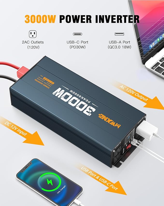 3000W Inverter DC 12V to AC 120V for Vehicles, Car Converter with 4 AC Outlets,PD30W/QC3.0 Quick Charging USB Ports Power Inverter with LCD Display - Navy Blue/Black
