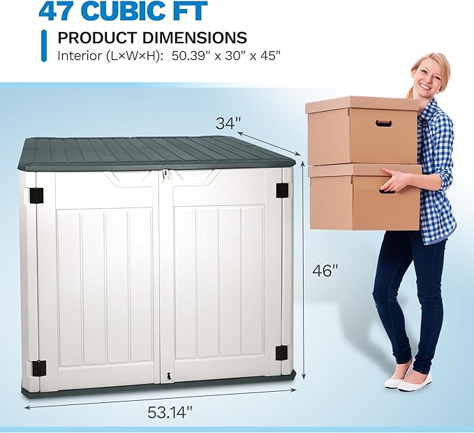 47 Cu ft Outdoor Storage Shed, Large Resin Outdoor Storage Box for Patio Garden Yard - Weatherproof Outdoor Storage Cabinet for Tools Pool Supplies - Lockable Deck Boxes Outdoor