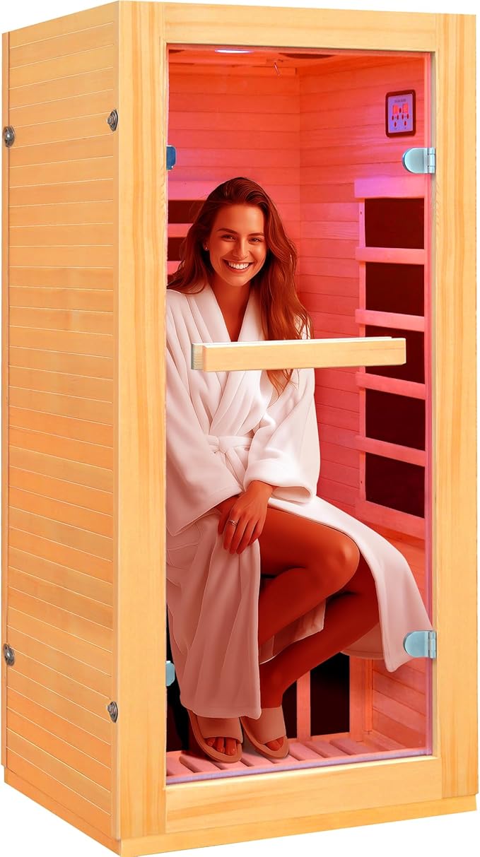 Far Infrared Sauna Home Sauna Room Canadian Hemlock Indoor 1 Person Sauna 900W 110V with Red Light Bluetooth Speakers 28.35"x32.28"x61.42"
