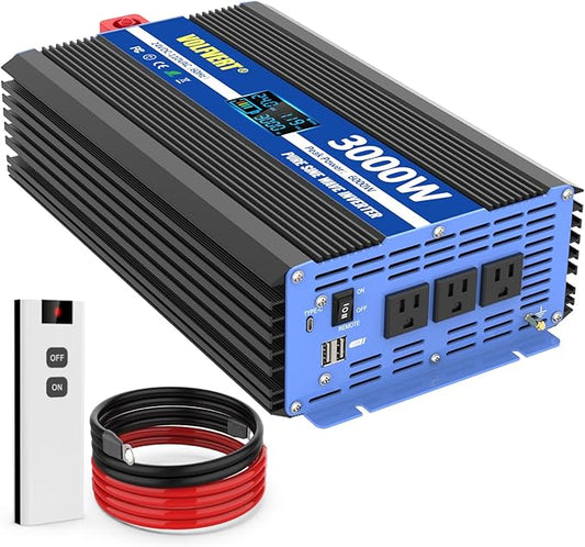 24V Power Inverter 3000 Watt Pure Sine Wave, DC 24V to AC 110V 120V Car Inverter with Dual USB Port, Type-c Port, Three Sockets, Remote Control, LCD Display, Smart Cooling Fans, Battery Inverter Cabl