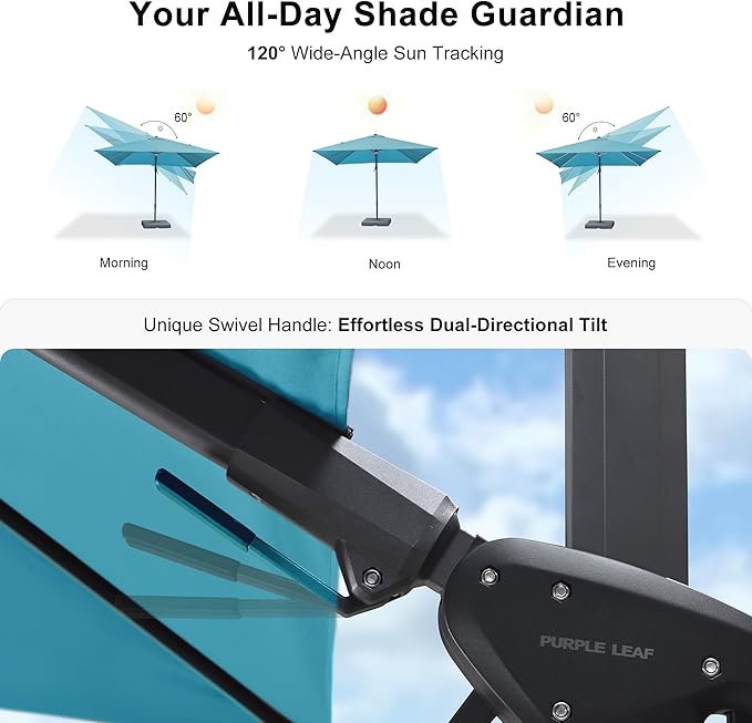 PURPLE LEAF 10 Feet Patio Umbrella Outdoor Cantilever Solar Powered LED Swivel Square Umbrella Aluminum Offset Umbrella with 360-degree Rotation for Garden Deck Pool Patio, Turquoise Blue