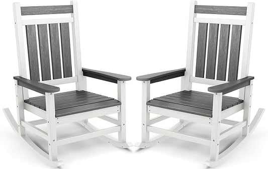 SERWALL Outdoor Rocking Chair Set of 2, HDPE Rocking Chairs for Adult, All Weather Porch Rockers for Lawn Garden, Gray & White