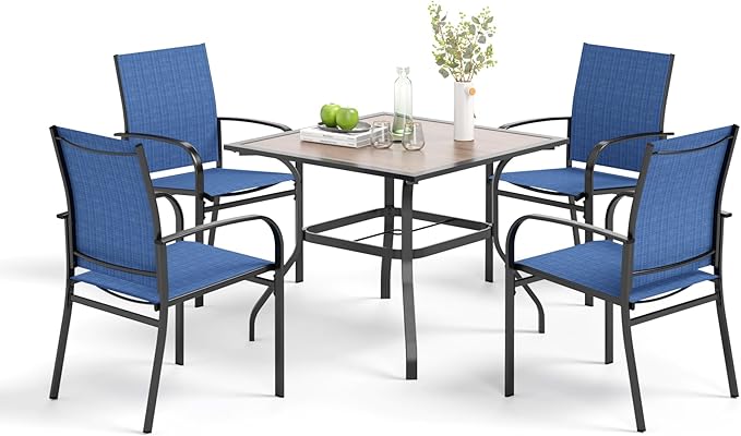 5 Pieces Patio Table and Chairs Set, 4 Person Outdoor Dining Furniture Set, 4 Blue Textilene Chairs and 37" Wood-Like Table Top Table with Umbrella Hole, for Deck Backyard Lawn