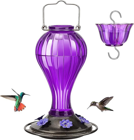 Kingsyard Glass Hummingbird Feeder 24 Ounces, 6 Feeding Ports, Hanging Bird Nectar Feeder for Outdoors Garden Yard Décor, Ant Moat Included, Purple