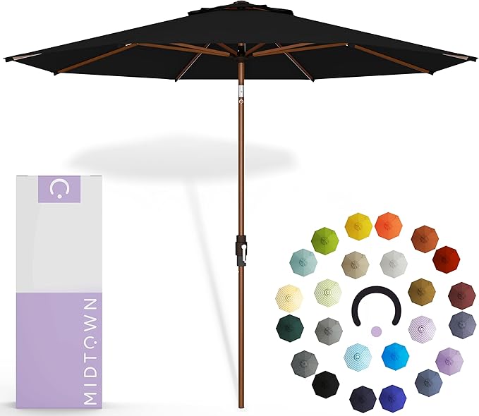 Midtown Umbrellas Wooden 2-9 Feet Outdoor Patio Umbrella, Terylast Ebony Fabric, Aluminum Frame For Backyard Umbrella, Deck Umbrella, Garden Umbrella & Pool Umbrella - Wooden Pole