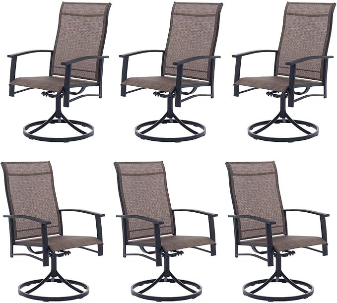 Patio Swivel Chairs Set of 6, Outdoor Swivel Chairs with Armrest, High Back Patio Chair with Metal Frame, All-Weather Outdoor Dining Chair for Deck, Porch and Lawn, Mocha