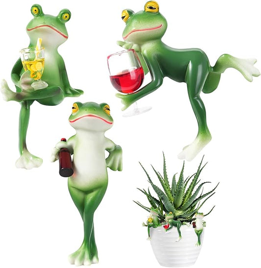 3 Pcs Tipsy Frog Garden Decor, Frog Decorations for Garden Outdoor, Resin Frogs Figurines Flower Pot Decoration for Home Gardens Fence Patio Yard DIY Fairy Garden Accessories