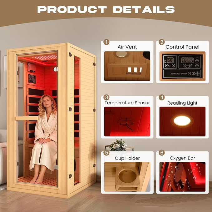 1 Person Infrared Sauna with Red Light Therapy, Full Spectrum Sauna for Home, Indoor Dry Saunas with Rapid Heating 4 Carbon Panels&1 Carbon Tube, Oxygen Bar and 7 Color Therapy Lights, 110V