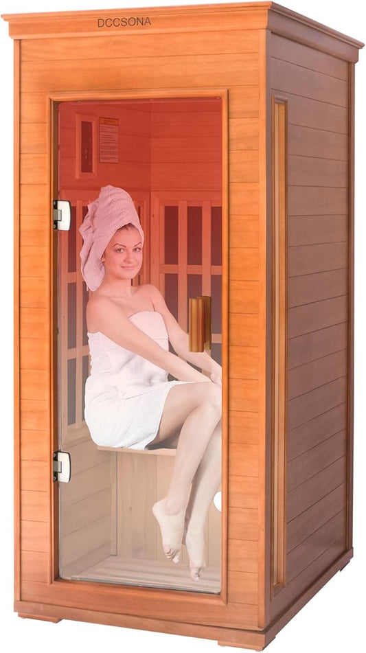 Far Infrared Home Sauna 1 Person, 1000W 110V Dry Indoor Sauna Okume Wood with 4 Heating Panels, Bluetooth Speaker, LED Lights and Glass Door, Room: 37.8 x 30.3 x 65.4 inches