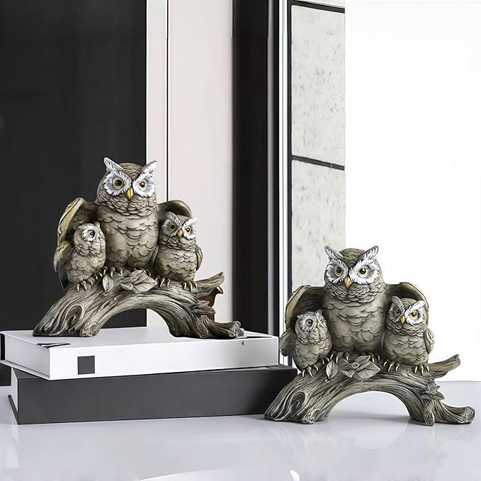 Resin Owl Statue with Spread Wings - Outdoor Garden, Patio, Office Decor Figurine: Family Parent & Two Baby Owls on Base (Grey-Black)