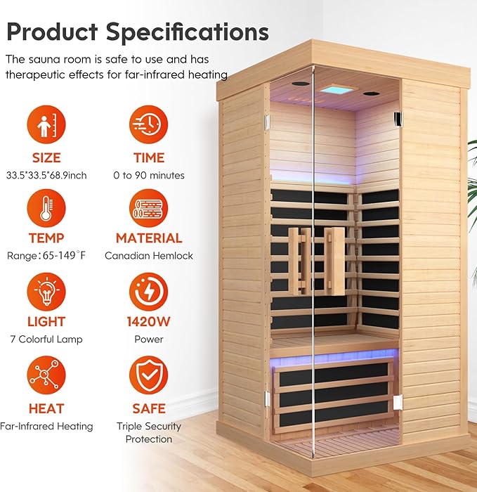 Sauna Room Indoor Far Infrared Saunas Home Canadian Hemlock 1420W Low-EMF Dry Saunas Single Person Spa with Oxygen Bar,33.5 * 33.5 * 70.87 inch