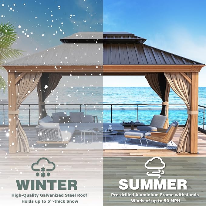 MELLCOM 12' x 14' Hardtop Gazebo, Wooden Finish Coated Aluminum Frame Gazebo with Galvanized Steel Double Roof, Outdoor Permanent Metal Pavilion with Curtains and Nettings for Patio, Lawn & Garden