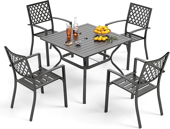 PHI VILLA 5-Piece Metal Patio Outdoor Table and Chairs Outdoor Dining Set - 37" Square Patio Table w/1.57" Umbrella Hole and 4 Backyard Garden Chairs