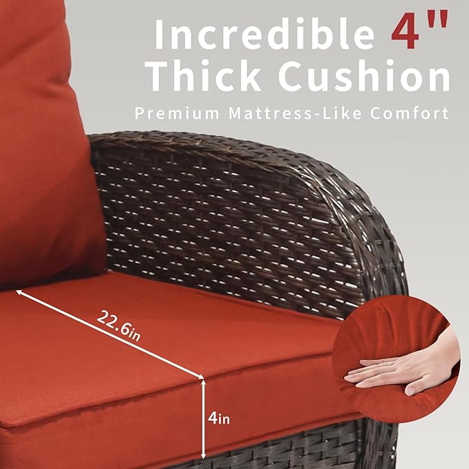 3 Pieces Patio Furniture Set, Outdoor Swivel Rocking Chair Set of 2 with Side Table - 360° Swivel, Thick Cushions, All-Weather Bistro Set for Deck, Porch, Pool(Red, Brown Full-Weave Rattan)