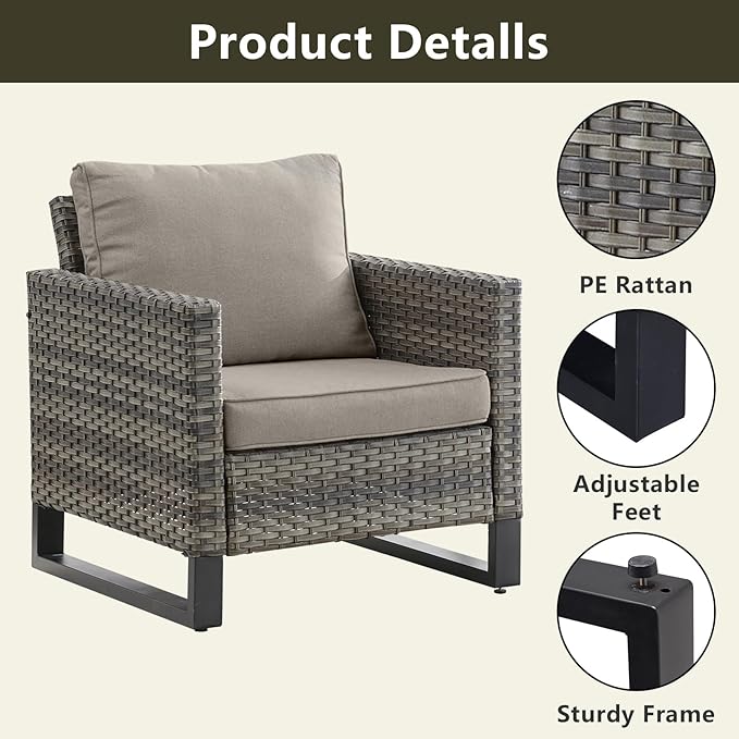 Wicker Outdoor Patio Furniture Set - 5 Piece Patio Conversation Set with 2 Wicker Armrest Chairs,2 Rattan Ottoman and 1 Metal Side Table for Outside Porch Deck Backyard Garden(Mixed Grey/Grey)