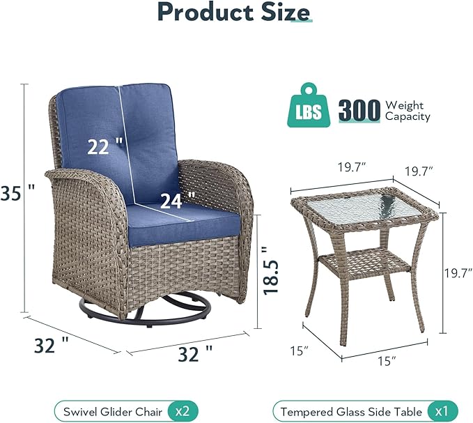 Outdoor Swivel Glider Rocker Chairs - 3 Piece Wicker Patio Furniture Set, All Weather Patio Bistro Sets with Glass Side Table for Balcony Porch Deck Backyard - Grey Wicker Blue Cushion