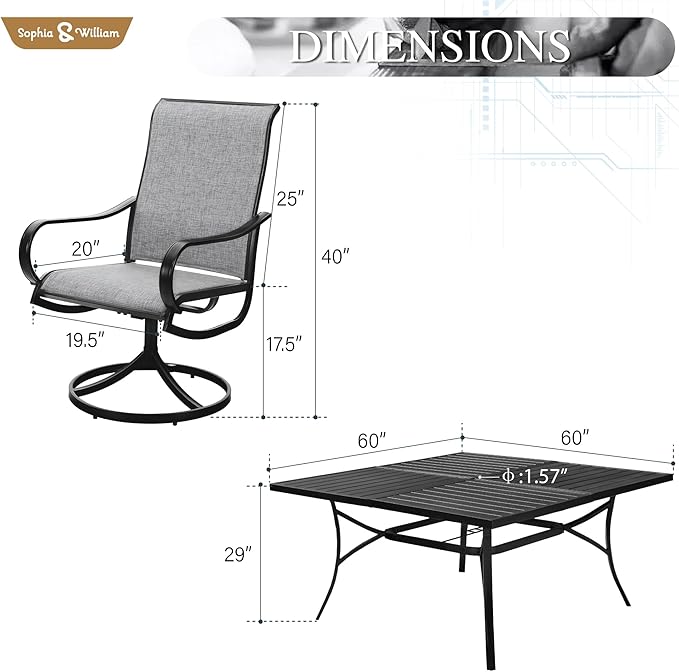 Sophia & William Outdoor Dining Set Patio Dining Sets Patio Table and Chairs Set 9 Pieces Square Outdoor Dining Table for 8 with Swivel Patio Set for Garden Pool All Weather Grey