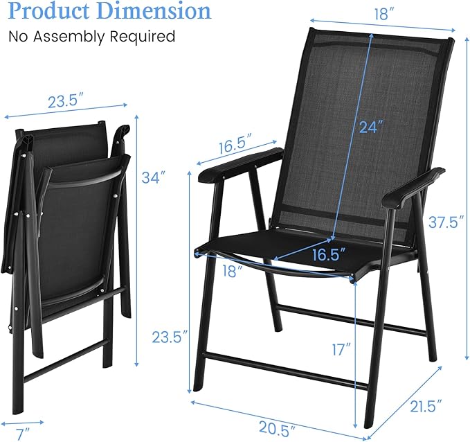 S AFSTAR Folding Patio Chairs Set of 6, Metal Textilene Patio Dining Chairs with Armrests, 6 Pack Portable Sling Chairs Outdoor Lawn Chair for Garden Backyard Porch Deck, 330LBS Load (Black)