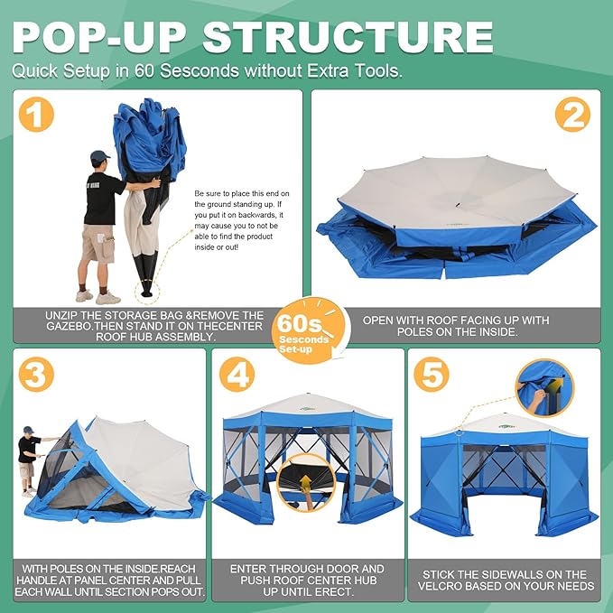 COBIZI 15x15ft Extra Large Pop Up Gazebo Canopy Tent with Mosquito Netting, Spacious Easy Set-Up Screened Shelter, Durable Outdoor Pavilion with Ground Stakes, Perfect for Patio, Backyard, Blue