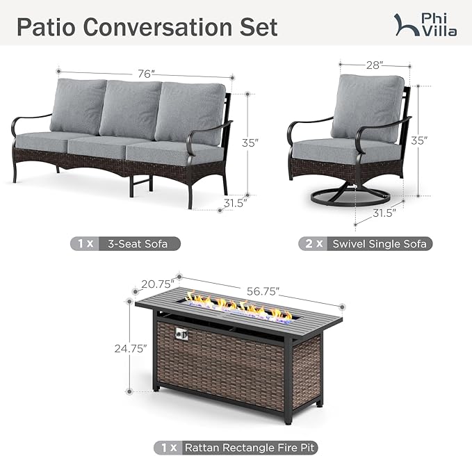 Patio Furniture Set with 56" Fire Pit Table, Premium Outdoor Wicker Metal Frame Furniture with Upgraded Waterproof Thick Cushions for Porch, Poolside, Deck, and Yard （4 Pieces,Grey