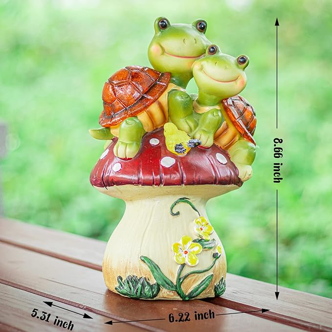 Garden Statues Turtles Outdoor Decor, Resin Turtles Figurines Lights Sculptures with Solar Light, Lovely Turtle with Mushroom for Garden Patio Yard