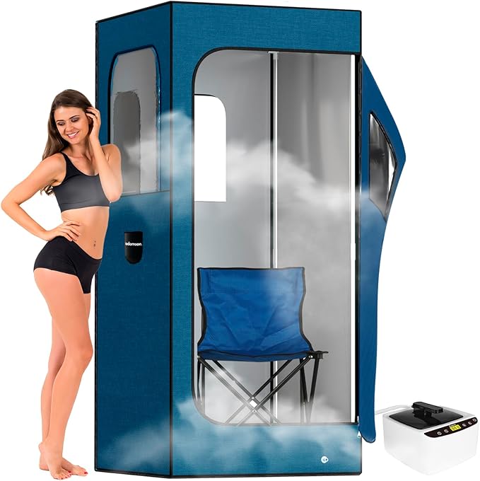 Adamson Full Size Portable Steam Sauna - Indoor Sauna Tent for Home Spa Relaxation - Boost Health and Recovery - 2.6L 1000W Steamer - Chair - Remote - Foot Massager - New - Nylon Blue