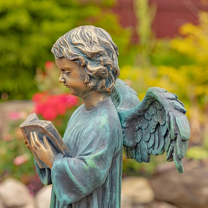 Zaer Ltd. 39" Tall Magnesium Angel Statue Figurines for Outdoor and Indoor Use (Reading a Book Symone, Aged Bronze)