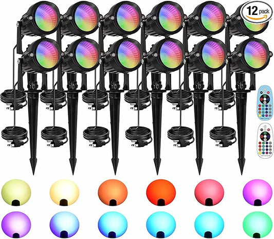 10W RGBW LED Landscape Lights Spot Lights Outdoor for Yard Garden Decor Spotlight, Landscape Lighting with 16 Color Changing and Remote IP68 Waterproof (12 pck)