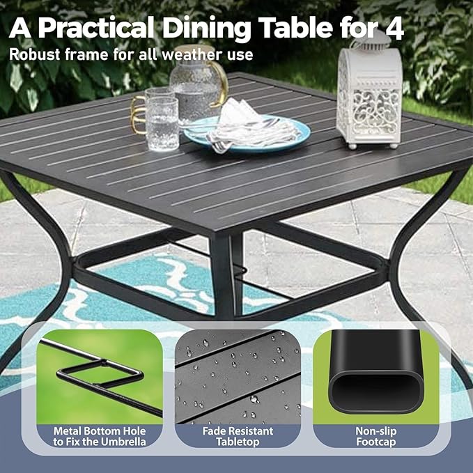 Patio Dining Set for 4, 37”Square Table with Umbrella Hole, 4 Metal Blue Chairs, Outdoor Table and Chairs for Lawn Backyard and Deck
