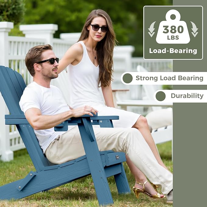 Folding Adirondack Chair Wood Texture 4 Pack, HDPE All-Weather Fire Pit Chairs, Plastic Adirondack Chairs with 2 Cup Holder, Outdoor Lawn Chair for Patio Garden (Navy Blue)