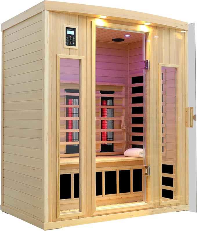 Ceramic Infrared Sauna 3 Person, Low EMF Infrared Saunas for Home, Hemlock Indoor Sauna Room, 2- in - 1 Heating Panels, Bluetooth Speakers, Chromotherapy Lights