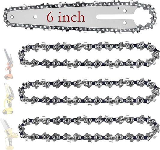 6 Inch Chainsaw Chain and Guide Bar, Replacement Chain Saw Bar and Chains for 6 inch Mini Cordless Electric Portable Handheld Chainsaw for Wood Cutting (4 Chains + 1 Bar)