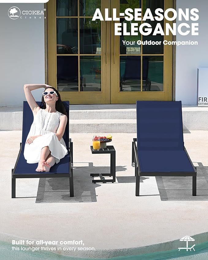 Patio Chaise Lounge Chair Set of 2, Outdoor Lounge Chairs with Wheels, 5-Position Adjustable Sun Loungers for Pool, Deck, Beach,Navy Blue
