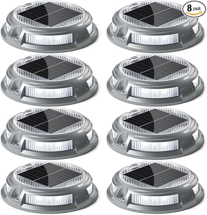SIEDiNLAR Solar Driveway Lights Outdoor 16 LEDs 9 Modes, Dock Markers Deck Lights Waterproof Warning for Driveway Walkway Step Pathway Ground Yard Garden, RGB (8 Pack)