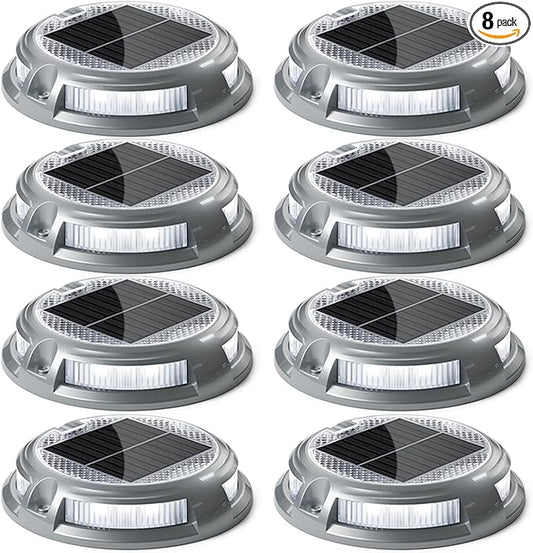 SIEDiNLAR Solar Driveway Lights Outdoor 16 LEDs 9 Modes, Dock Markers Deck Lights Waterproof Warning for Driveway Walkway Step Pathway Ground Yard Garden, RGB (8 Pack)