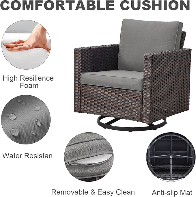Wicker Patio Furniture Set, 6 PCS Outdoor Patio Furniture Set with Swivel Chairs, Includes 2 Swivel Patio Chairs, 1 Outdoor Couch, 1Side Table and 2 Ottoman, Brown/Grey