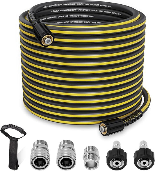 100ft Pressure Washer Hose - 1/4" Flexible Power Washer Hose with Stainless Steel Quick Connect Fittings, 3600 PSI Non-Kink Extension Replacement Hose for Gas&Electric Pressure Washer