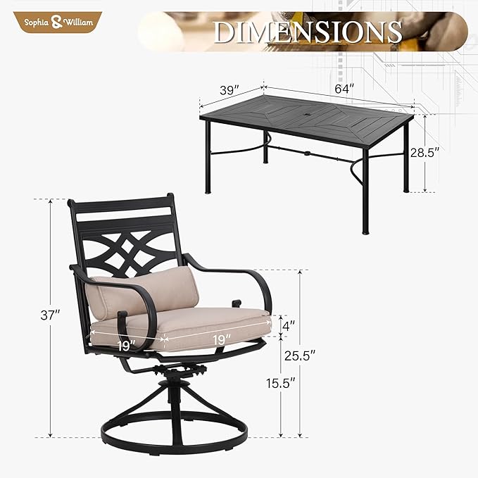 Sophia & William Swivel Patio Dining Set for 6, Outdoor Table and Chairs, Removable Seat Cushions, 64" Black Patio Dining Table