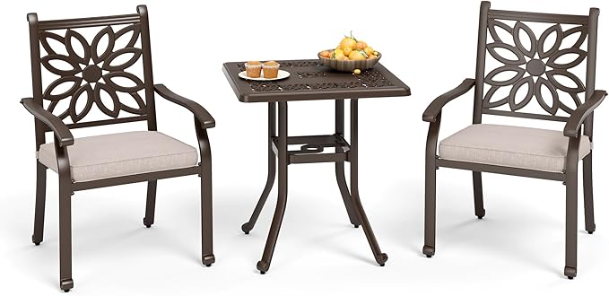 MFSTUDIO Cast Aluminum Patio Dining Set of 2, Retro Design Outdoor Table and Chairs Set with 2×Fixed Chairs and 1×Square Outdoor Table, 3 Piece Patio Set for Backyard Garden