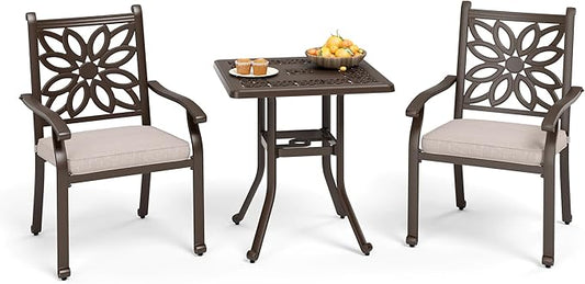 MFSTUDIO Cast Aluminum Patio Dining Set of 2, Retro Design Outdoor Table and Chairs Set with 2×Fixed Chairs and 1×Square Outdoor Table, 3 Piece Patio Set for Backyard Garden