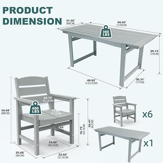 7-Piece HIPS Patio Dining Set, Outdoor Dining Table and Chairs Set with Umbrella Hole, Weatherproof Dining Table Set for 6 Person, Patio Furniture Set for Outside Deck, Grey