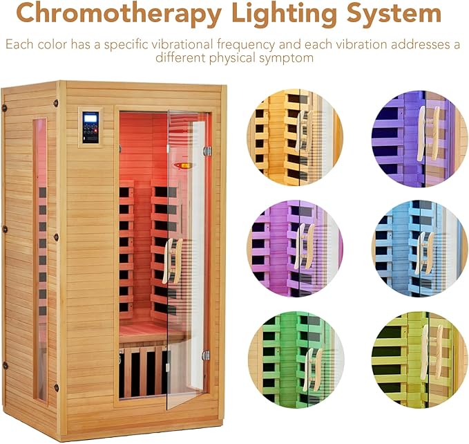 Garvee 2025 Upgrade 1 to 2 Person Sauna, 6 Heating Plate Infrared Physical Therapy Wooden Dry Steam Sauna, Low EMF, MP3 Auxiliary Connection, Dual Controls Inside and Outside Fits, Home Spa Day Use